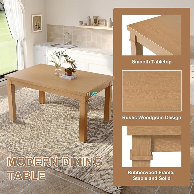 Ball & Cast Dining Table Set for 6 W/Bench & 4 Upholstered Chairs,6 Piece Dining Set W/ 60" Rectangle Kitchen Table & Anti-Scratch Pads,Table and Chairs Set for Living Room,Dining Room,Natural