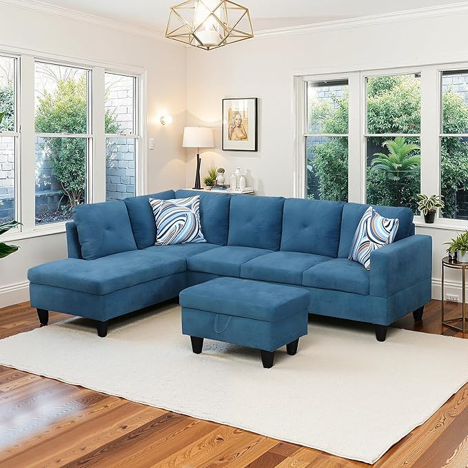 NicBex Sectional Couch 3 Pieces Sofa Set with Right Chaise Linen L Shaped Cloud Couch for Living Room Furniture Sets with Storage Ottoman, Modular Sofa for Living Room & Apartment, Blue