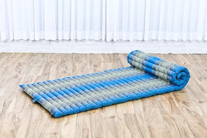 Leewadee - Foldable Floor Mattress - Japanese Roll Up Futon -Trifold Tatami Mat- Guest Floor Bed - Camping Mattress - Thai Massage Mat, Kapok Filled, 75 x 28 inches, Light Blue