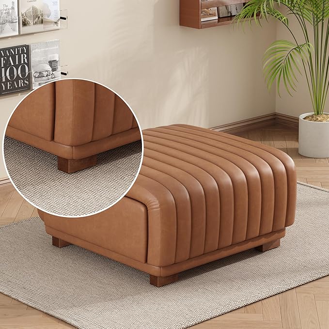 Christopher Knight Home Reyno Upholstered Ottoman with Storage for Living Room, Faux Leather Storage Ottoman Foot Rest with Side Drawers, Modern Square Coffee Table with Wooden Frame, Brown