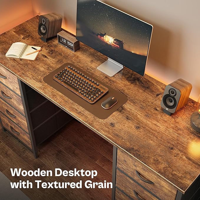 Huuger 55 Inch Computer Desk with 8 Fabric Drawers, Office Desk Work Desk for Home Office, Study, Gaming Desk with Drawers, Large Storage, Rustic Brown