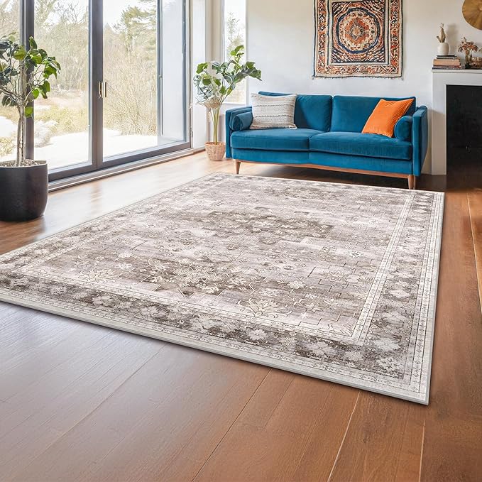 Washable Neutral Farmhouse Bedroom Rug, 5x7 Area Rugs for Living Room, Nursery Room, Boho Vintage Floral Non-Slip Rug Low Pile Stain Resistant (5x7 Beige/Latte)