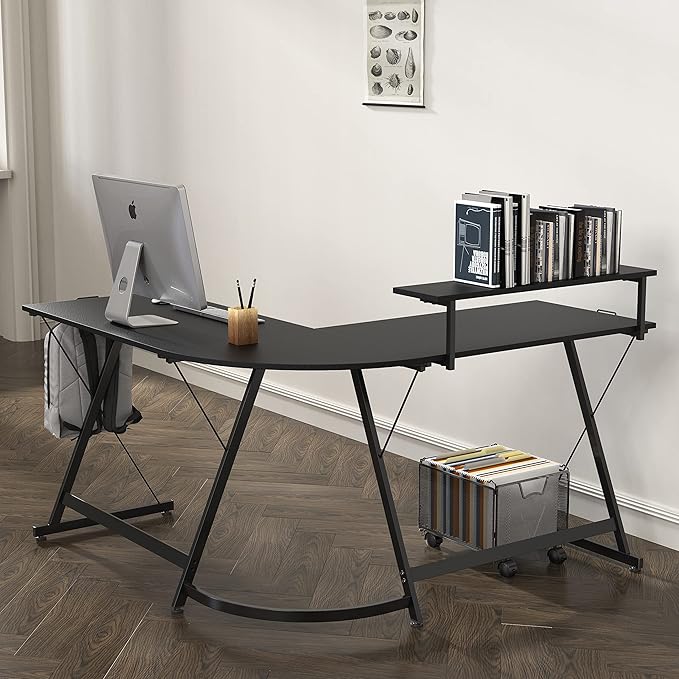 SHW 51 x 51 Inches Vista L-Shaped Desk with Monitor Stand and Drawer, Black