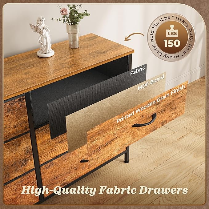 Huuger 70 Inch Dresser for Bedroom, TV Stand for 65, 75, 80 Inch TV, 13 Fabric Drawer Long Dresser, Large Entertainment Center for Bedroom, Wide Chest of Drawer with Storage, Retro Brown