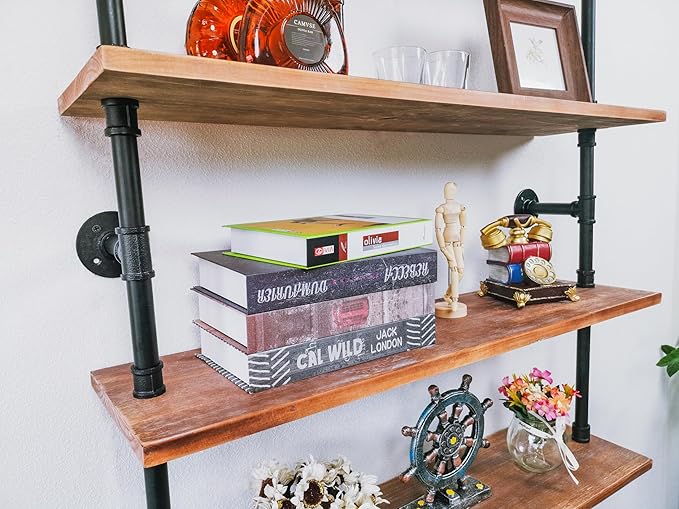 6 Tier Industrial Ladder Pipe Shelf Bookcase, Rustic Wall Mounted Pipe Bookshelves for Decor and Storage