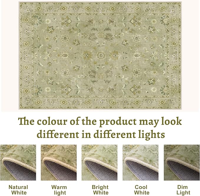 Tangsoo 4x6 Area Rug for Living Room, Washable Floral Vintage Rugs Indoor, Distressed Flaxen Green Carpet for Bedroom, Non Slip Dining Room, Soft Low Pile Rugs Foldable Floor Rug for Dorm Bedside