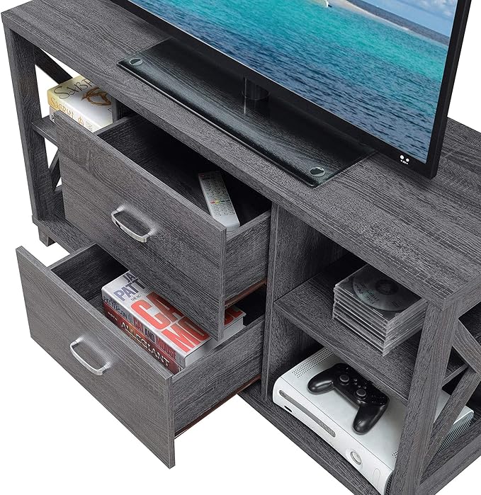 Convenience Concepts Oxford Deluxe 2 Drawer TV Stand with Shelves for TVs up to 55 Inches, Weathered Gray