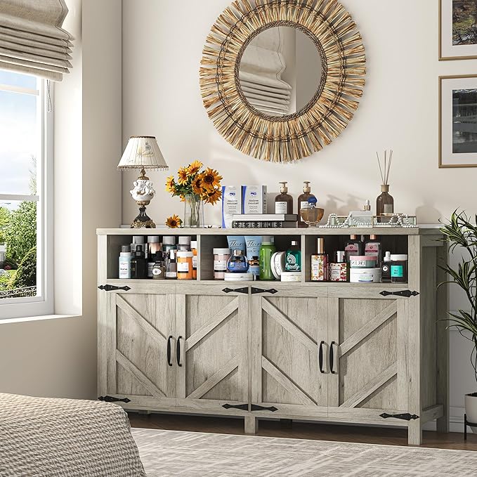 Buffet Cabinet with Storage Farmhouse with 4 Doors, 55'' Large Kitchen Storage Cabinet Wood Coffee Bar Buffet Sideboard for Kitchen, Dining Room, Entryway