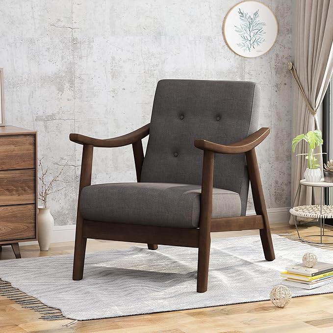 Ball & Cast Accent Chair Wide Armrest Mid-Century Lounge Living Room Chairs with Button Tufting,Wood Frame Seating Furniture for Bedroom,Apartment,Dark Gray