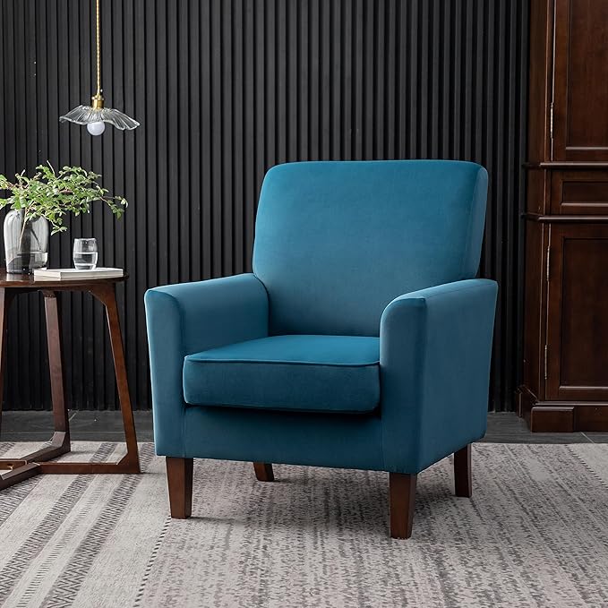 Container Furniture Direct Contemporary Accent Arm Chair with Birch Wood Frame and Velvet Upholstery, Armchair for Office and Living Room Decor, Removable Cushions, Greenish Blue