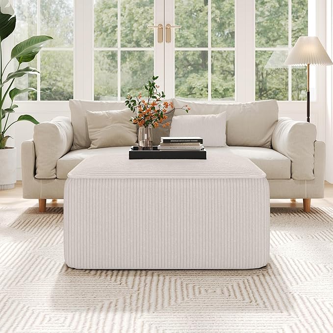 Christopher Knight Home Isa Square Ottoman Footstool, Corduroy Pouf Poufee Footrest Ottoman Large Seat, Modern Side Table for Living Room Bedroom Home Decor, Beige, 30"