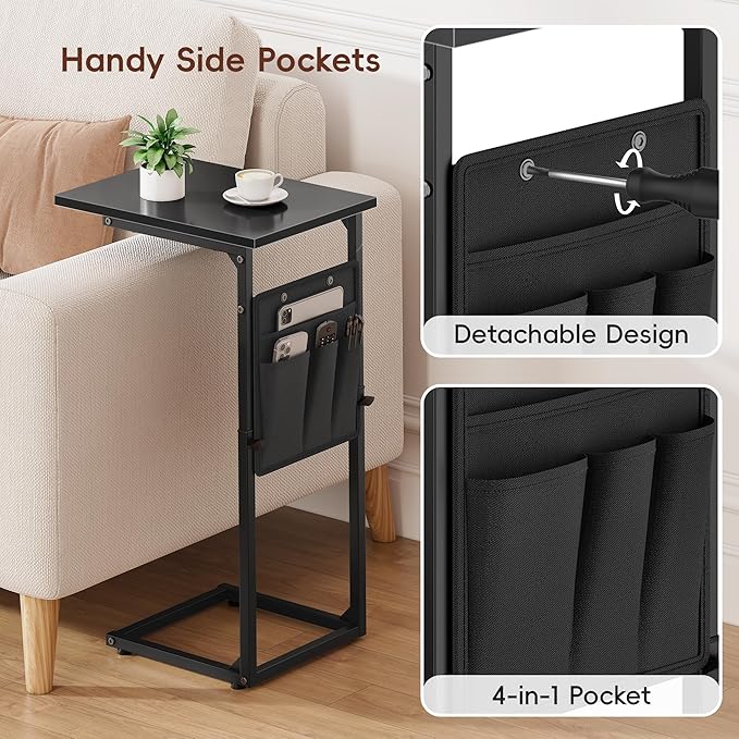 VAGUSICC C Shaped End Table, 33"Tall Side Table for Couch, Adjustable Height Sofa Table Small Couch Side Tables, Laptop Recliner Tables Slide Under Sofa TV Tray Arm Table for Living Room Bedroom,Black