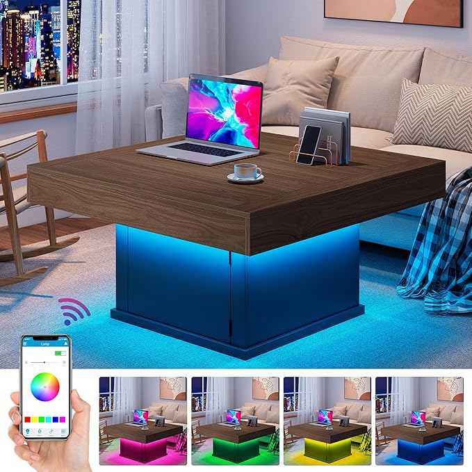 LED Coffee Tables for Living Room, Farmhouse Wood Coffee Table, 33.5" Square Coffee Table with Storage, Large Vintage Brown Center Table, Living Room Tables Cocktail Table (Vintage Brown)