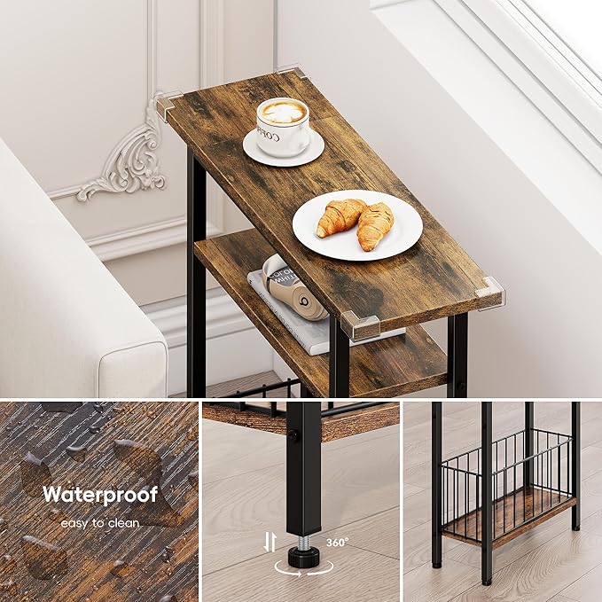 Vagusicc Narrow Side Table, 3-Tier Skinny End Table for Couch Sofa, Small Side Tables for Small Spaces, Bed Side Table with Storage, 25.2" Tall Slim Nightstand for Living Room, Bedroom, Rustic Brown