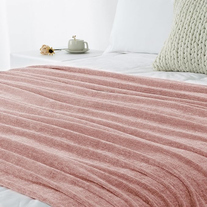 Chenille Throw Blanket for Couch 60"X 80" Twin, Soft Cozy Throws with Fringe Tassel for Bed Sofa Chair Cover, Lightweight Knitted Decorative Boho Blankets for Living Room, Dusty Pink