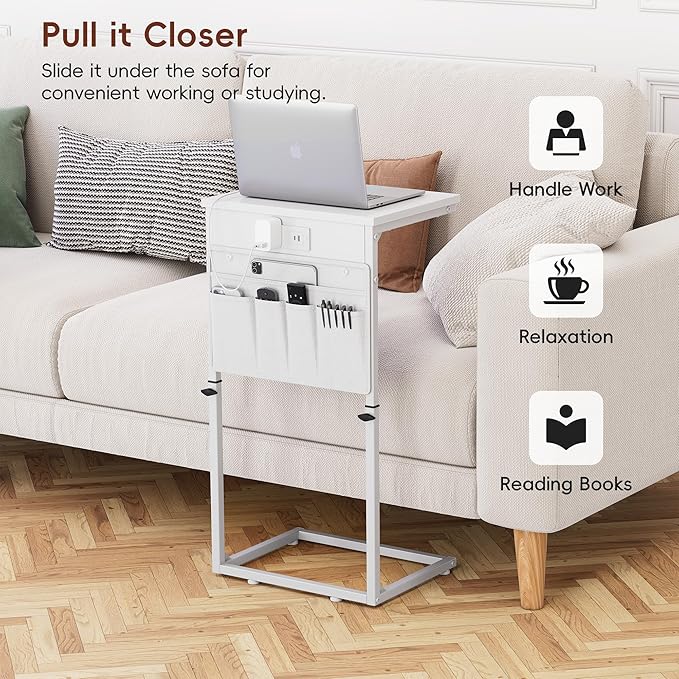 Vagusicc C Shaped End Table with Charging Station, Adjustable Height Side Table for Couch, Sofa Table Laptop Couch Side Tables, Slide Under Sofa TV Tray Arm C Tables for Living Room Bedroom, White