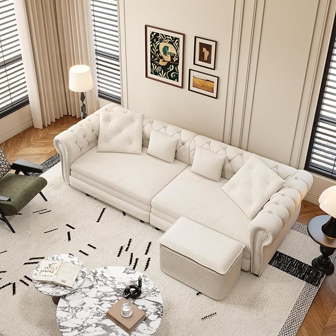 KEIKI 3-in-1 Velvet Chesterfield Sofa Bed with Ottoman, Convertible King Size Sleeper Couch, Rolled Arm Design, Comfortable 3-Seater for Living Room or Bedroom, Beige