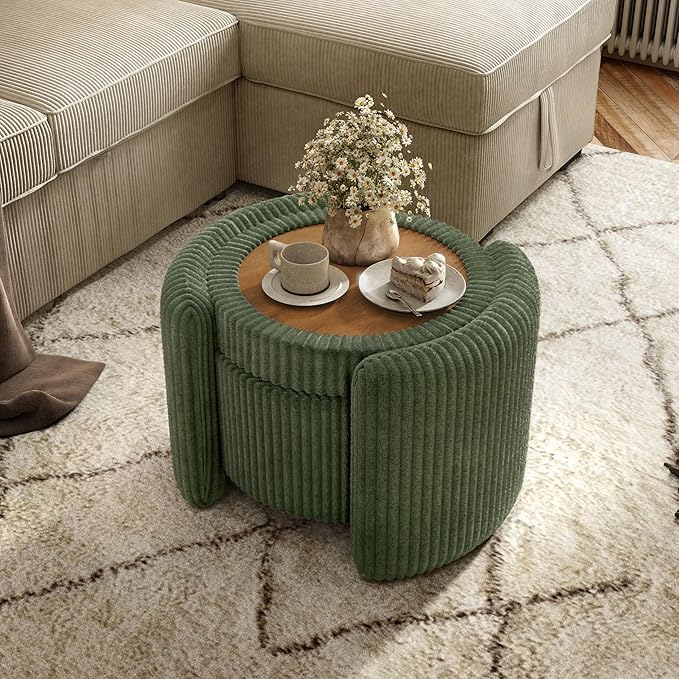 Furniture of America Lennox Modern Chenille 25-inch Round Storage Ottoman with Reversible Flip Top, Upholstered Footstool for Living Room, Bedroom, Entryway, Green
