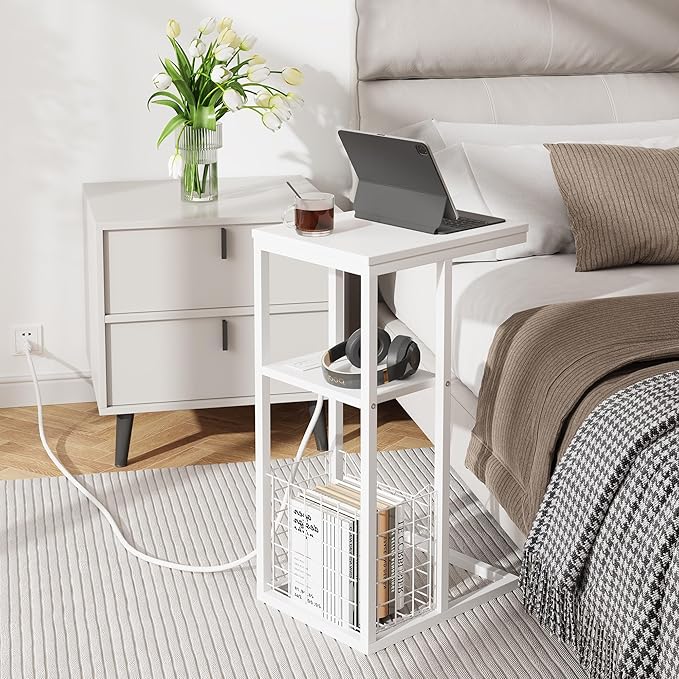 Vagusicc C Shaped End Table with Charging Station, Side Table for Couch, Small Side End Table for Small Spaces, 28" High Slide Under Sofa Table for Coffee, Tv Tray Table for Living Room, White