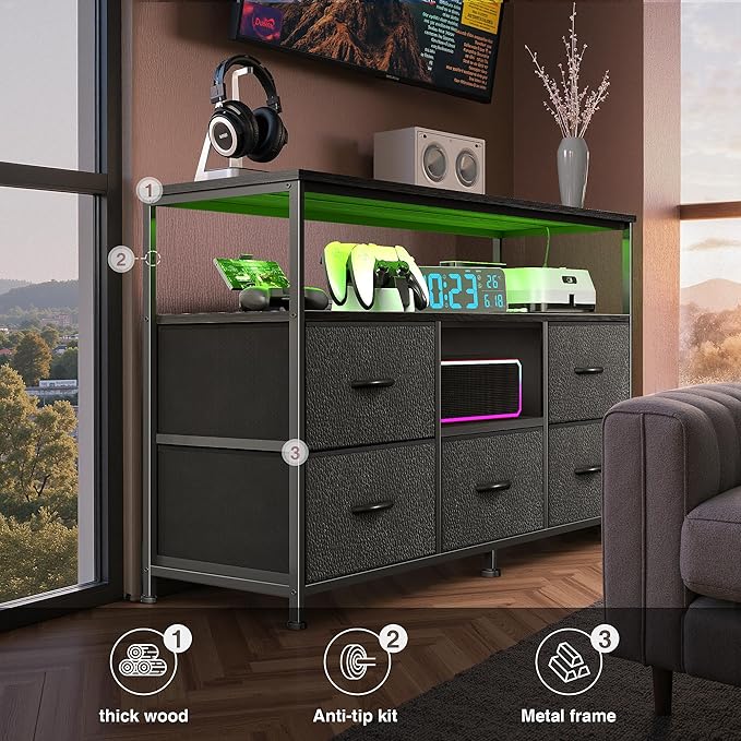 TV Stand for Bedroom, 47 Inch Dresser TV Stand for 43, 50, 55 Inch TVs, 5 Drawers Entertainment Center with Storage, LED Lights & Power Outlets, Media TV Console Table for Living Room, Black
