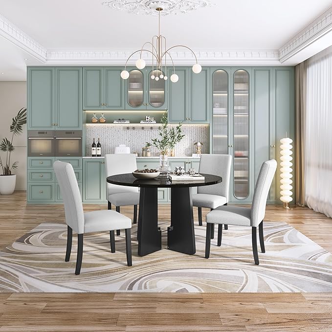 Merax 5-Piece Round Dining Table Set, Modern 4 Upholstered Chairs for Living,Kitchen Room, 43 Inch, Beige+Black