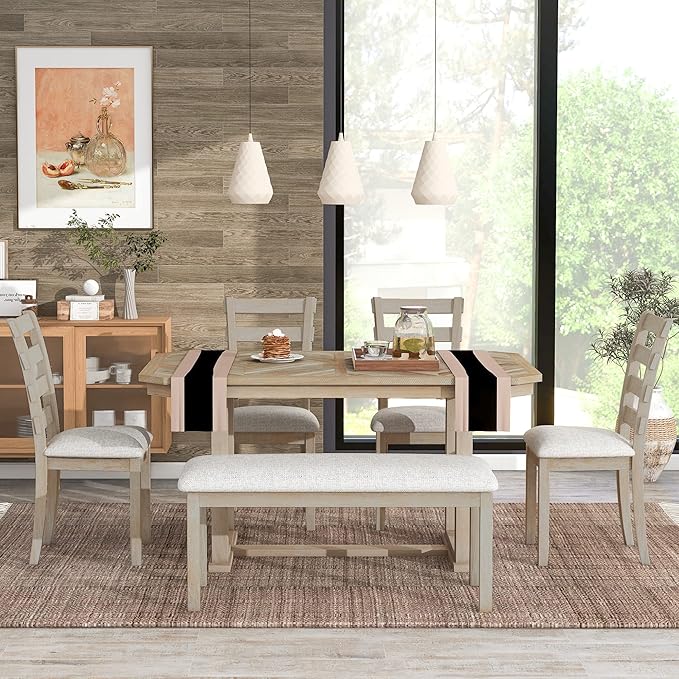 Ball & Cast 6 Piece Wood Dining Table Set with 4 Upholstered Chairs & 1 Bench,Kitchen Table and Chairs for 6 W/ 51.8" Rectangle Desk,for Restaurant,Home Bistro,Natural Wood Wash
