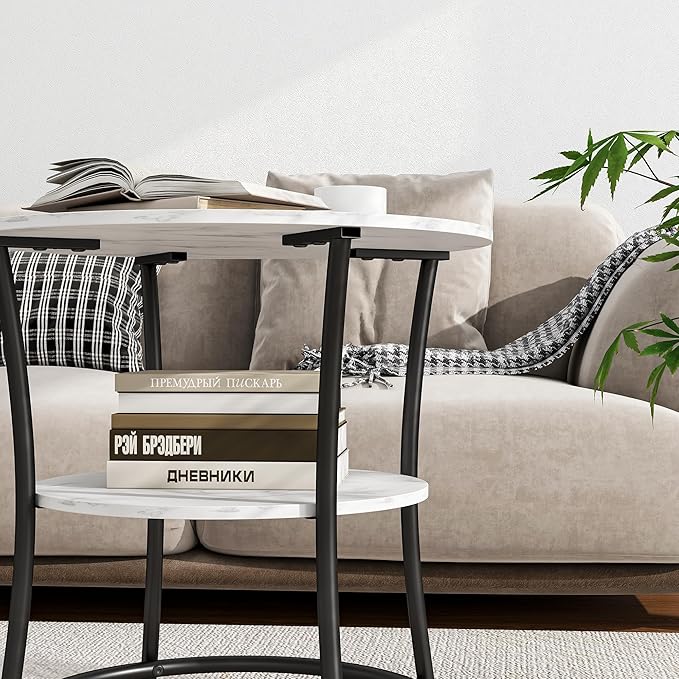 BOFENG Round Coffee Table Side Table,Round End Table with 2 Storage Shelves for Living Room, Bedroom,Small Space,Coffee Table Nightstand with Sturdy Metal Frame,Easy Assembly,White