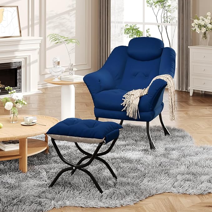 Lazy Chair with Ottoman - Modern Living Room Chairs for Small Spaces, Ergonomic Reading Chair with Armrests, Comfy Chair with Ottoman for Bedroom & Living Room, Blue