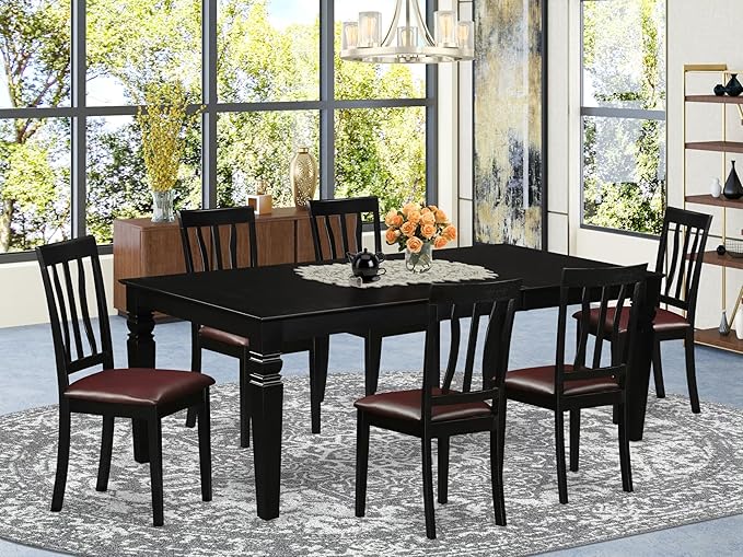 East West Furniture LGAN7-BLK-LC 7 Piece Kitchen Table Set Consist of a Rectangle Dining Table with Butterfly Leaf and 6 Faux Leather Dining Room Chairs, 42x84 Inch, Black
