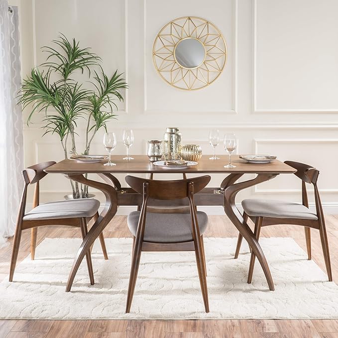 Christopher Knight Home Barron Fabric and Walnut Wood Dining Set, 5-Pcs Set, Light Grey / Walnut