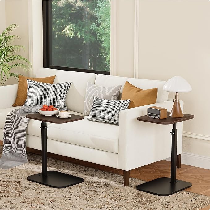 C Shaped End Table for Couch, Adjustable Height Couch Side Table, Horizontal 360°Swivel Small TV Tray Table Couch Side Tables That Slide Under (Walnut)
