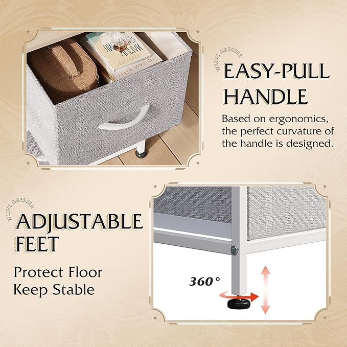 WLIVE Dresser for Bedroom with 5 Drawers, Wide Chest of Drawers, Fabric Dresser, Storage Organization Unit with Fabric Bins for Closet, Living Room, Hallway, Light Grey