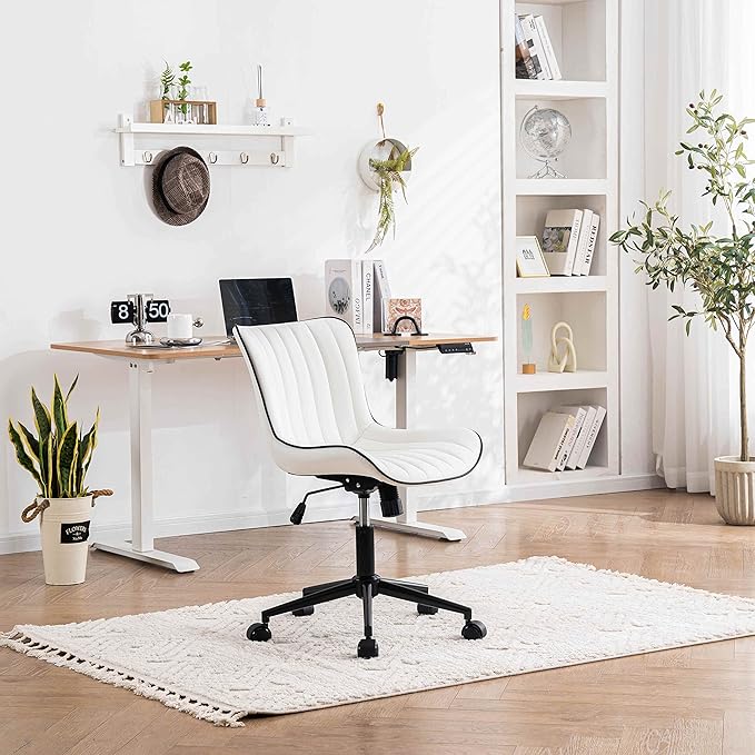 YOUNIKE Home Office Desk Chair with Wheels Armless Vanity Chair with Back Comfy Modern Leather Upholstered Rolling Task Chair Swivel Small Cute Computer Chair No Arms Wide Adjustable Ergonomic White