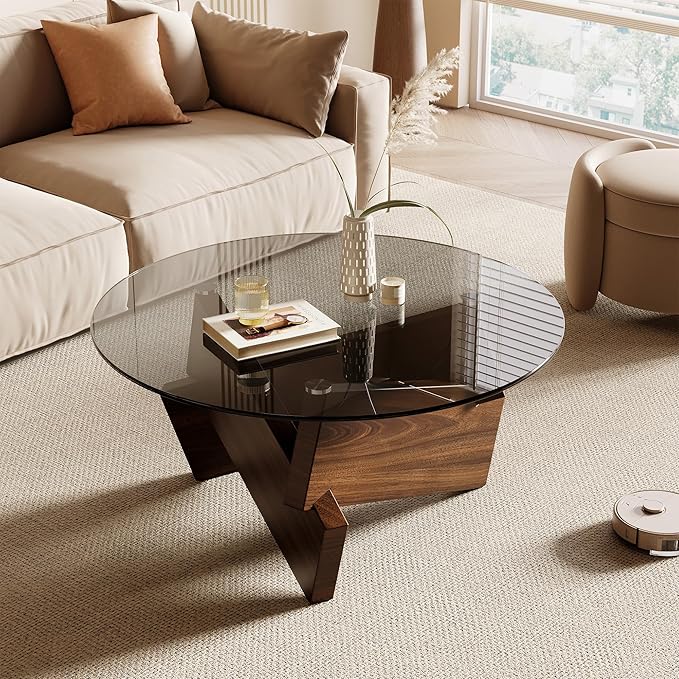 Honyee Morden Rounded Coffee Table, 30.7" x 30.7" x 16.1" Tempered Glass Top for Living Room, Color: Walnut