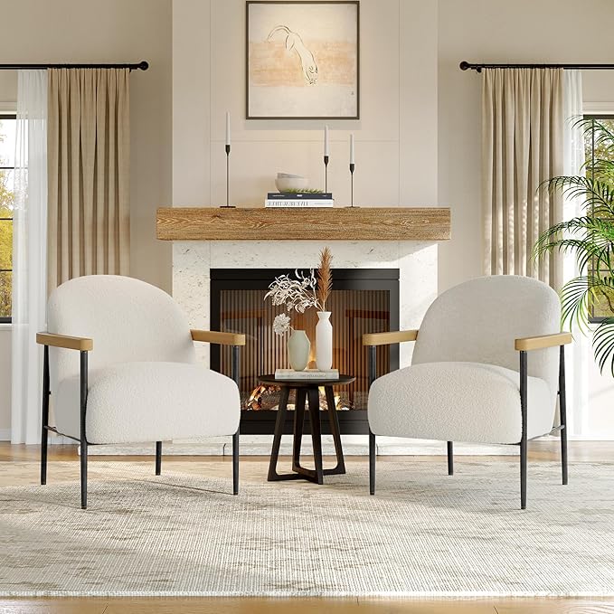 Garvee Modern Accent Chair Set of 4, White Comfy Chair with Teddy Fabric, Wood Arms (2, White)