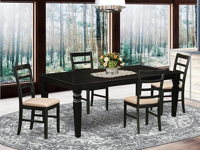 East West Furniture LGPF5-BLK-C 5 Piece Kitchen Table Set Includes a Rectangle Dining Room Table with Butterfly Leaf and 4 Linen Fabric Upholstered Chairs, 42x84 Inch, Black