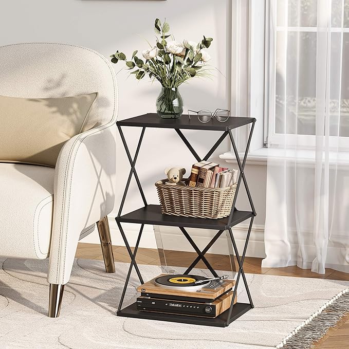 3-Tier End Table Set of 2 Small Side Table Tall Bedside Night Stand with Storage Sofa Side desks for Living Room Bedroom Office Bathroom Small Space, Black ET-03BK-2