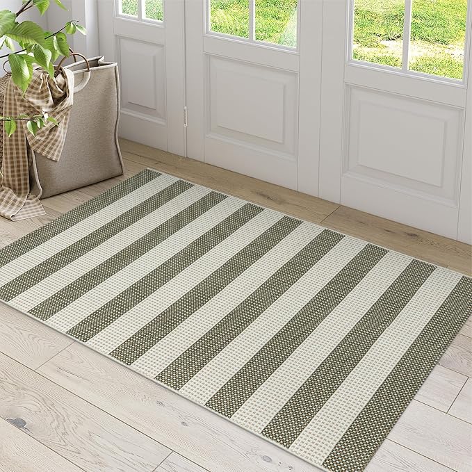 OJIA Outdoor Rug 3'x5', Washable Entryway Rugs Indoor Fall Front Door Mat Cotton Woven Checkered Front Door Rug Small Area Rug Halloween Doormat for Porch Kitchen Patio Bathroom (Green/White/Tan)
