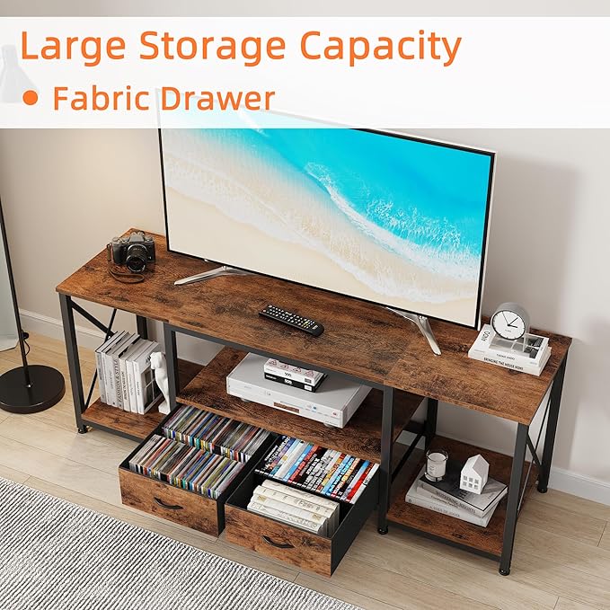 TV Stand with Fabric Drawer - Entertainment Center and Industrial TV Console Table with Open Storage Shelves for Living Room, Bedroom - 55.1" Rustic Brown