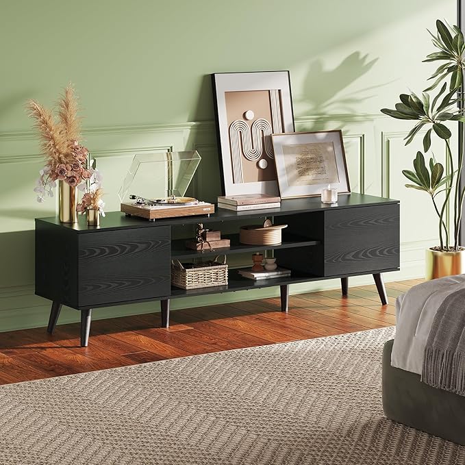 WLIVE TV Stand for 65 70 inch TV, Entertainment Center with Storage Cabinets, Rustic TV Console for Living Room Decor, Black