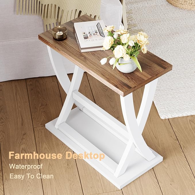 ChooChoo Farmhouse End Tables Living Room Set of 2, Narrow Side Table with Storage Shelf, Modern X-Design Slim End Table for Living Room, 11.8" D*23.6" W*23.4" D