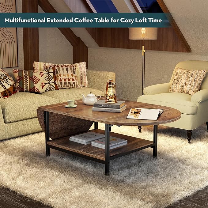 SAYGOER Folding Coffee Table for Living Room, Small Coffee Tables with 2-Tier Storage, Mid Century Modern Center Table for Small Space, Farmhouse Table Square, Dark Brown