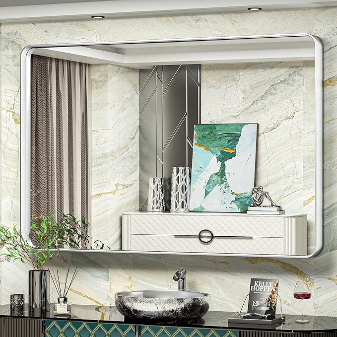 TokeShimi 60 x 40 Inch Wall Mirror for Bathroom Brushed Silver Metal Frame Decorative Rectangular Wall Mounted Home Decor Corner Hangs Farmhouse Mirror (Horizontal/Vertical)