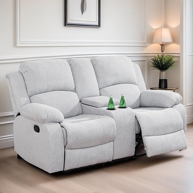 Loveseat Recliner Sofa, Reclining Loveseat Couch with Storage Console, Modern Comfy Home Theater Seating Power Recliner Chair with Cup Holders for Living Room Furniture Sets, Grey White