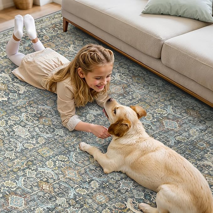 10X14 Area Rugs Machine Washable Rugs for Living Room, Vintage Boho Large Rugs for Bedroom Dining Room, Non Slip Indoor Soft Distressed Lightweight Thin Low Pile Carpet, Terracotta