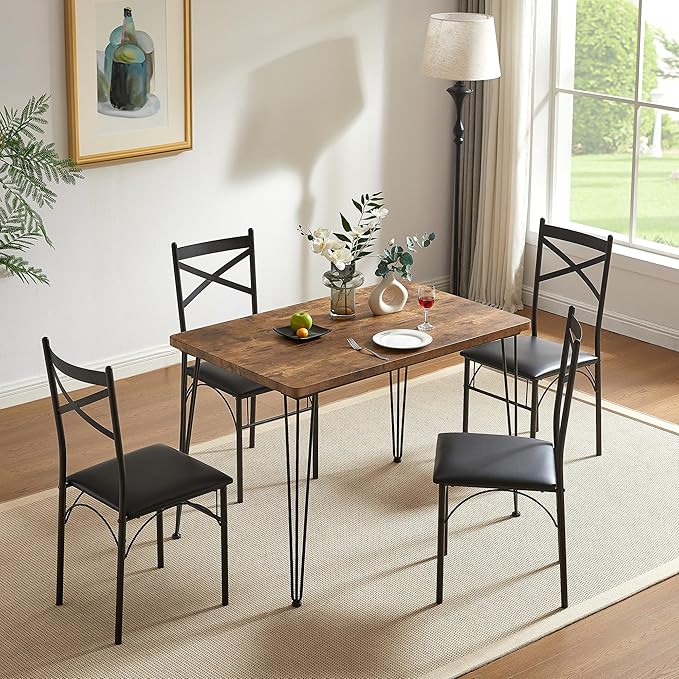 VECELO 5-Piece Dining Table Set for Home Kitchen Small Space Breakfast Nook, 4 Faux Leather Metal Frame Chairs, Retro Brown