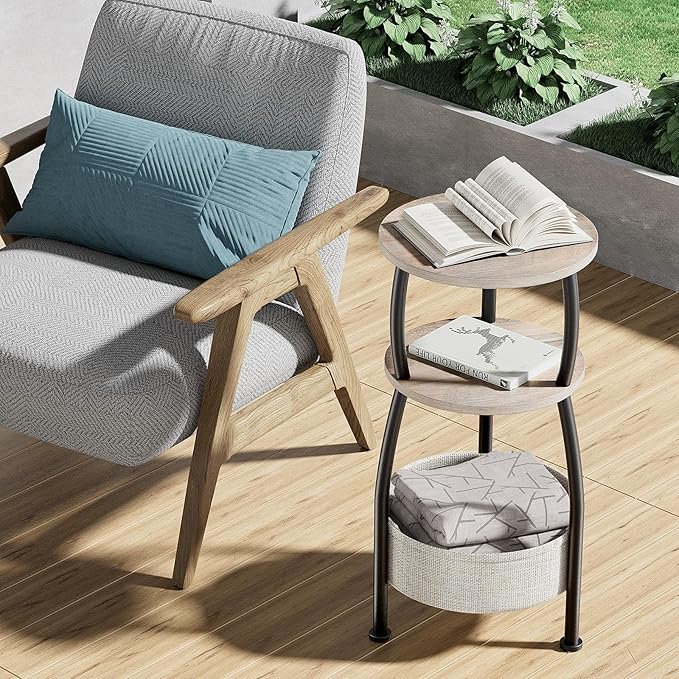 Round Side Table with Storage Basket –Small Space Saving End Table 3-Tier Coffee Table Bedside Corner Stand for Living Room, Bedroom, Garden and More 24in Tall Greige