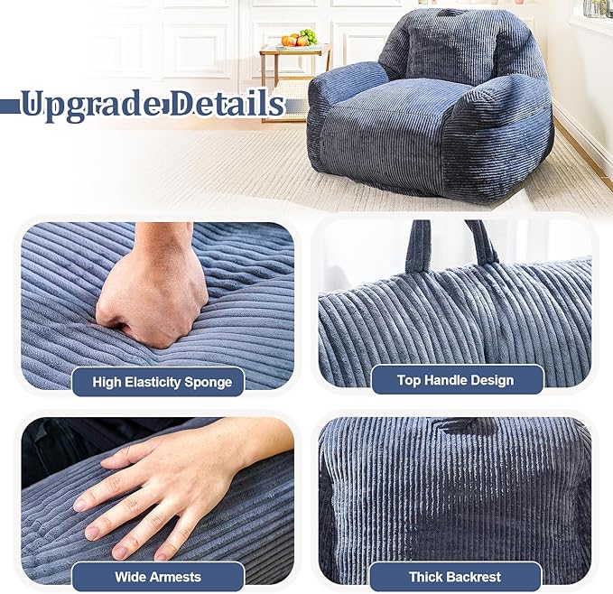 Bean Bag Chair, Faux Fur Bean Bag Chairs for Adults, Fluffy and Comfy Bean Bag with Filler, Bean Bag Sofa Chair for Reading, Gaming, Stuffed High-Density Foam (Grey)