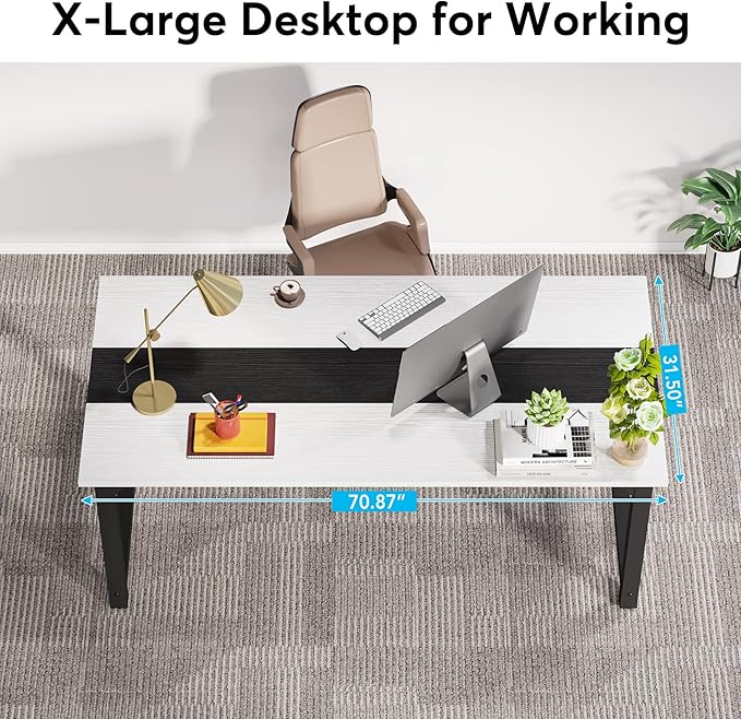 LITTLE TREE 70.8 Inch X-Large Executive Computer Office Desk, White+Black