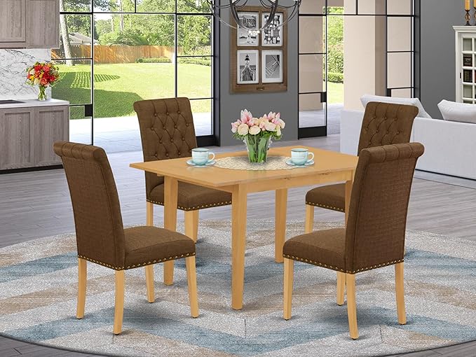 East West Furniture NOBR5-OAK-18 5 Piece Dining Room Table Set Includes a Rectangle Kitchen Table with Butterfly Leaf and 4 Brown Linen Linen Fabric Parson Chairs, 32x54 Inch, Oak